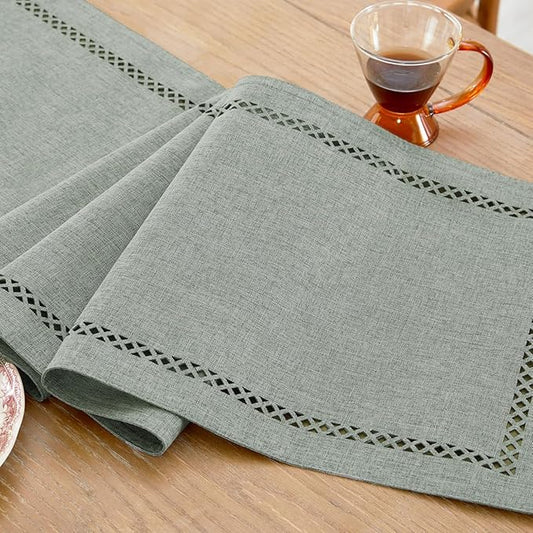 Burlap Style Farmhouse Table Runner, 13 x 72 Inch Grey, Rustic Geometric Hollow Table Runners 72 Inches Long for Dresser Table Everyday Use, 13x72 Inches, Grey