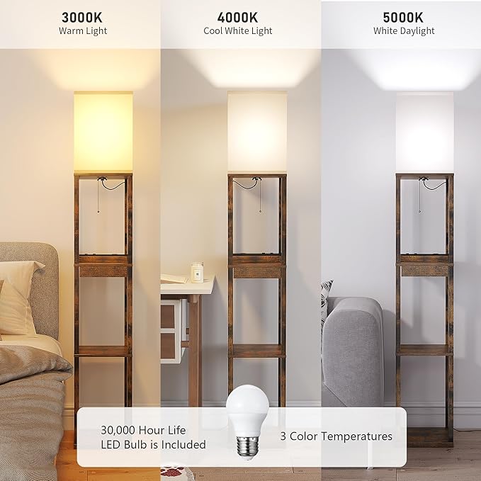 SUNMORY Floor Lamp with Shelves, Modern Dimmable Standing Lamp with Drawer & 2 USB Ports & 2 Power Outlet, Corner Tall Shelf Lamp for Living Room and Bedroom (Rustic Browm)