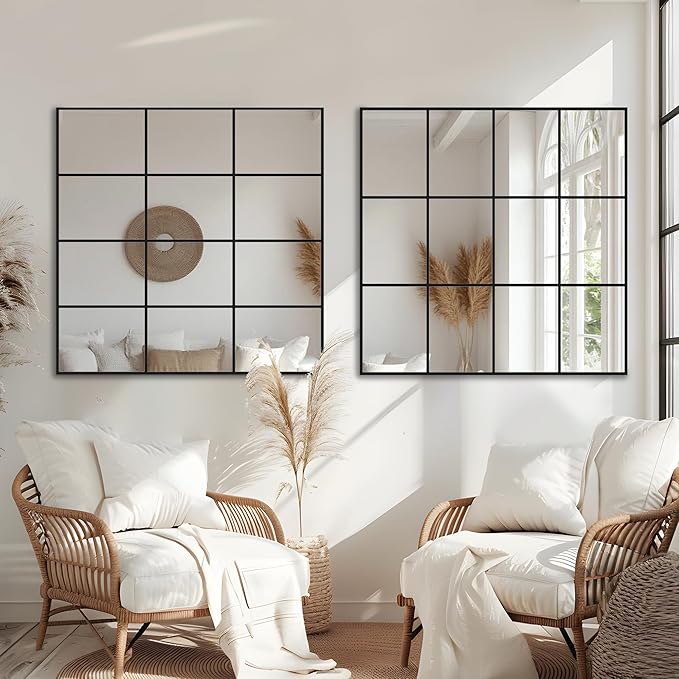 Antok Decorative Mirrors for Wall Decor, 36" x 36" Decorative Wall Mirror Black Window Mirrors Wall Mounted Decorative Mirror for Living Room Dining Room Hallway Entryway，Black,Retro Rect Style