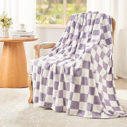 EMME Checkered Blanket Throw - 50"x60" Lavender Knit Blanket Soft Fluffy Patterned Throw Blankets for Couch, Sofa, Chair, Bed, Camping, Picnic, Travel