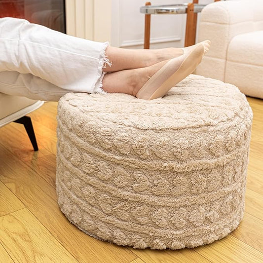 Round Pouf Ottoman Foot Rest 20x14 Inches Soft Heart Printed Footstool Ottomans for Living Room Comfort Floor Pouf Modern Foam Stuffed Poofs Perfect to Rest Your Feet for Couch Desk Light Coffee