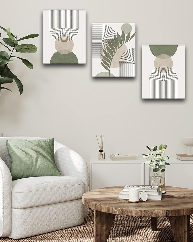 Sage Green Boho Wall Art, 12x16in Framed Canvas Bathroom Wall Art Pictures, Mid-Century Modern Wood Framed Abstract Prints for Bedroom,Minimalist Office Wall Decor 3Pack