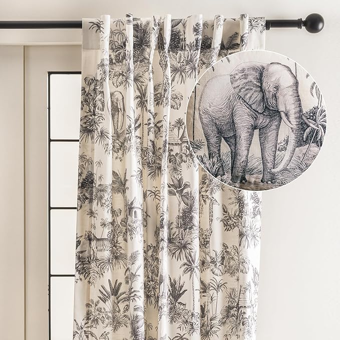 Maison d' Hermine Curtains for Living Room 100% Cotton 96 inch Length One Panel Light Filtering Toile Curtains for Bedroom Windows with Rod and Loop Pockets Drapes (Savana Jouy Black, 50" W x 96" L)