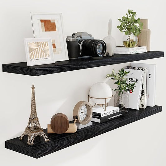 55"W x 9"D Floating Shelves Set of 2, 9.3 Inch Deep Floating Shelves Wall Mounted, Wide Wall Shelves Invisible Bracket, Deep Storage Shelves for Living Room, Bathroom, Kitchen, Black Color