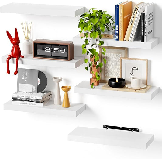 Floating Shelves for Wall, White Engineered Wood Wall Shelf Set of 6, 16" Wall Mounted Floating Shelf for Kitchen, Living Room, Bedroom, Bathroom Storage, Book Shelf Home Decor