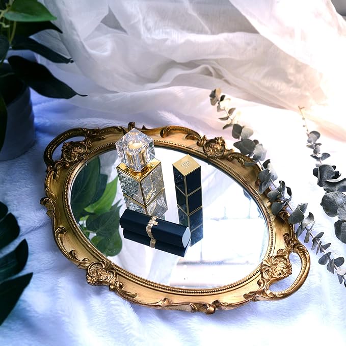 PortPlugs Mirrored Tray,Decorative Mirror for Perfume Organizer Jewelry Dresser Organizer Tray & Display,Vanity Tray,Serving Tray,9.8'' x 14''(Gold)