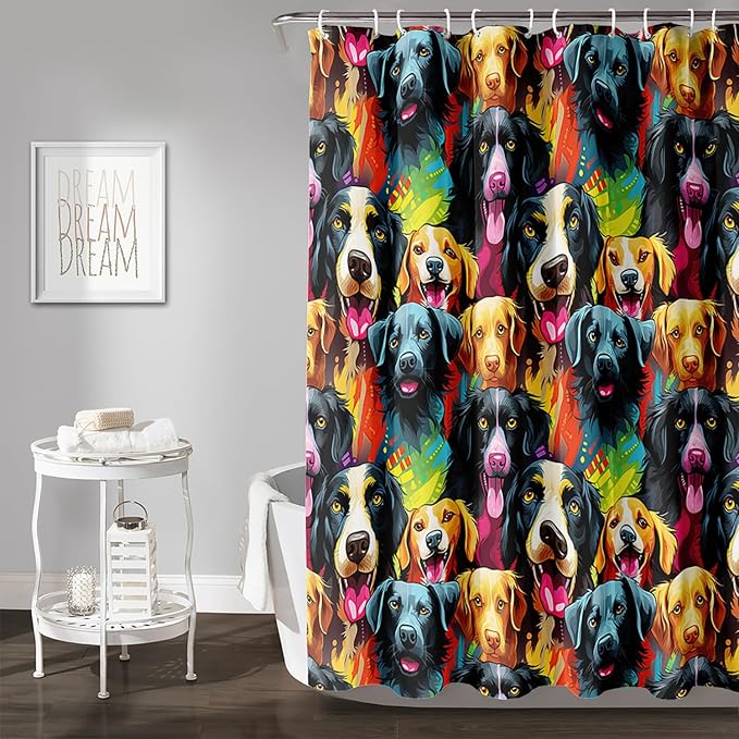 AILONEN Cartoon Dog Shower Curtain Set, Lovely Colourful Puppy Shower Curtain for Bathroom,Rainbow Gradient Puppy Waterproof Fabric Bath Curtain with Hooks,36" Wx72 H