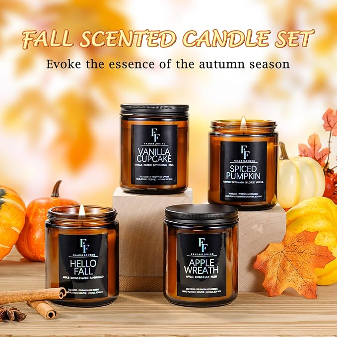 Scented Candles Set, 4 Pack Candles for Home Scented Natural Soy Wax, Holiday Gifts Set for Women Men, Fragrance of Spice/Vanilla Cupcake/Apple Wreath/Hello Fall