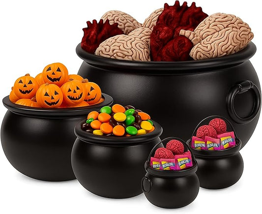 PMU 5pc- (22",16",12", 8",6") Halloween Cauldron Pot Kettle, Black Plastic Witch Cauldron, Halloween Party Candy Holder, Indoor & Outdoor Decorations