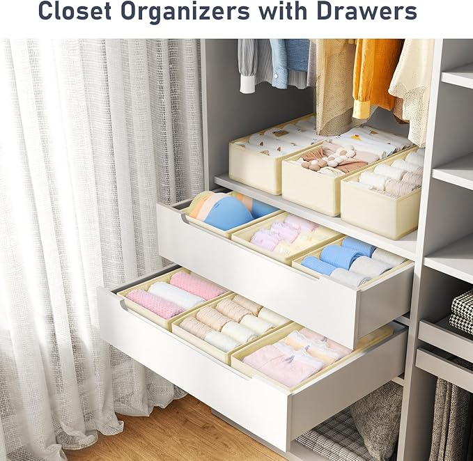 DIMJ Drawer Organizer - Small Clothes Organizer Set of 3, Drawer Dividers for Baby Clothes, Underwear, Socks, Bra, Belt, Tie - Beige
