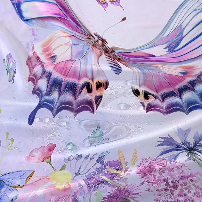 AILONEN Colorful Butterfly Shower Curtain for Girl Women,Purple Flower Beautiful Butterfly Printed Bath Curtain 36" W*72" H Polyester Fabric Waterproof Bathroom Bathtub Curtain with 12 Hooks