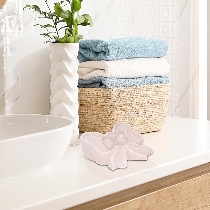 Bowknot Soap Dish, Bow Shaped Ceramic Drain Soap Box, Ceramic Soap Dish for Bathroom, Sinks, Kitchen (Pink)