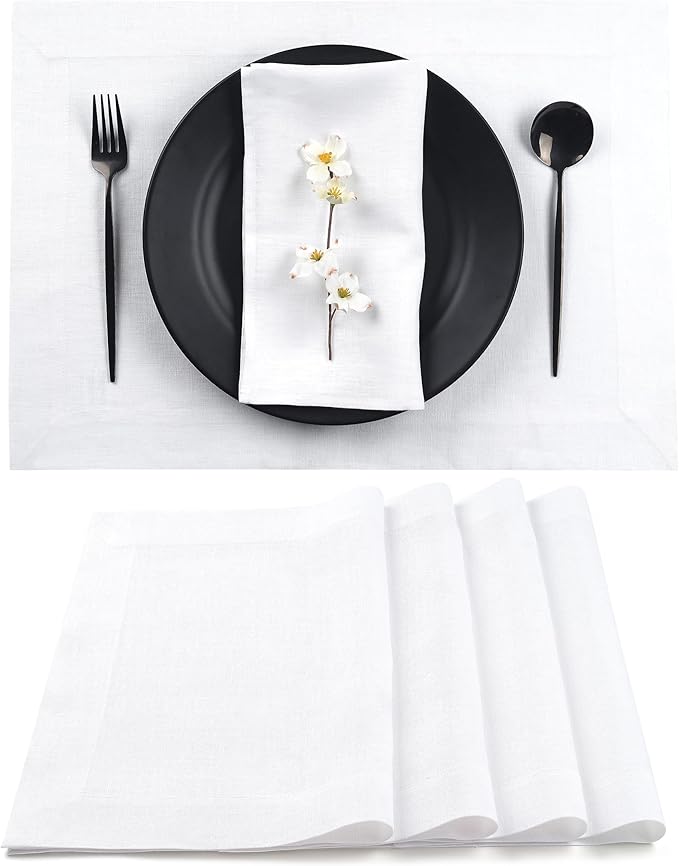 D'Moksha Homes Linen White Placemats Set of 4-100% Pure Linen Placemats 14 x 19 Inch for Summer - Handcrafted and Machine Washable