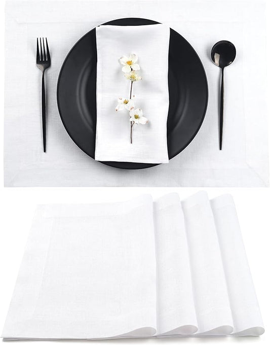 D'Moksha Homes Linen White Placemats Set of 4-100% Pure Linen Placemats 14 x 19 Inch for Summer - Handcrafted and Machine Washable