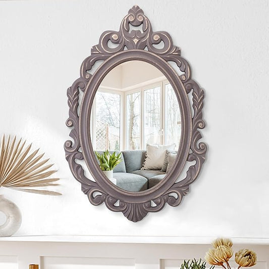 Hanging Wall Mirror Wall Decor Vintage Brown Antique Oval Carved Wood Frame Bathroom Mirror Vanity Rustic Wall Mounted Mirrors Decorative Farmhouse Mirrors for Bedroom Living Room 20"x16"