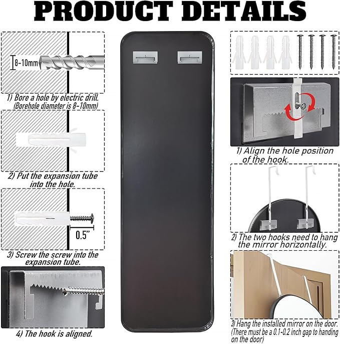 47x14 Mirror Rectangle Full Body Length Door Hanging Wall Mounted Metal Frame Dressing Make-up Mirrors for Entryway Bedroom Bathroom Living Room 47 14 inch Black