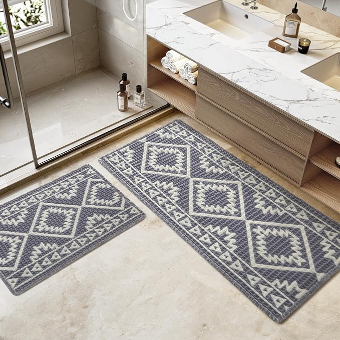 PADOOR-Waffle Bathroom Runner 24"x72", Super Absorbent Bath Mats for Bathroom, Machine Washable Non Slip Bath Rug with Tassels, Soft Bath Mat for Laundry Room, Bedroom, Grey & Cream, 2'x 6'