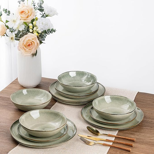 AmorArc Ceramic Dinnerware Sets of 8,Handmade Reactive Stoneware Glaze Plates and Bowls Sets,Highly Scratch Resistant | Dishwasher & Microwave Safe,Service for 8 Dishes Set (24pc)