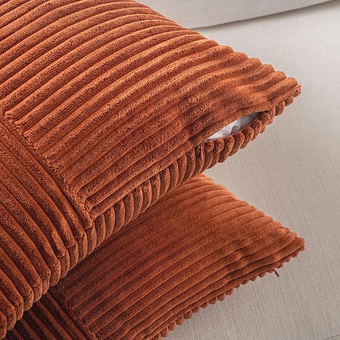 Fancy Homi Set of 2 Burnt Orange Boho Long Lumbar Body Decorative Throw Pillow Cover 14x36 Inch for Bed Couch Bedroom Bench, Soft Patchwork Corduroy Textured Pillow Case, Rustic Farmhouse Room Décor