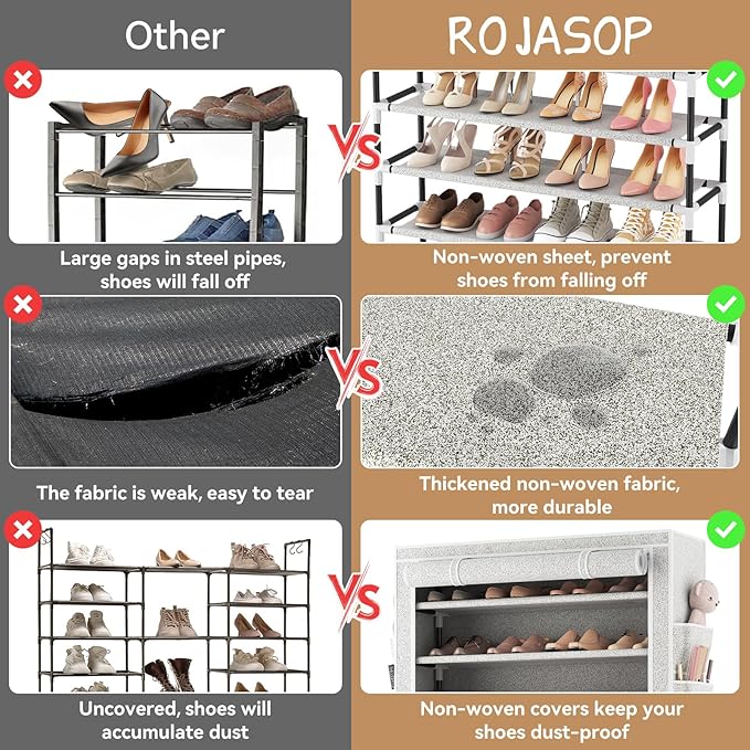 ROJASOP 10 Tier Shoe Rack with Covers Large Capacity Stackable Tall Shoe Shelf Storage for 50-55 Pairs Shoe and Boot, Sturdy Free Standing Shoe Rack Organizer for Closet, Entryway, Bedroom