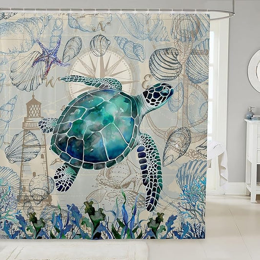 Feelyou Sea Turtle Fabric Shower Curtain Under Sea Animals Shower Curtain for Kids Shells and Corals Bathroom Waterproof Accessories with 12 Hooks Watercolor Green and Brown Curtains,72X84 Inches