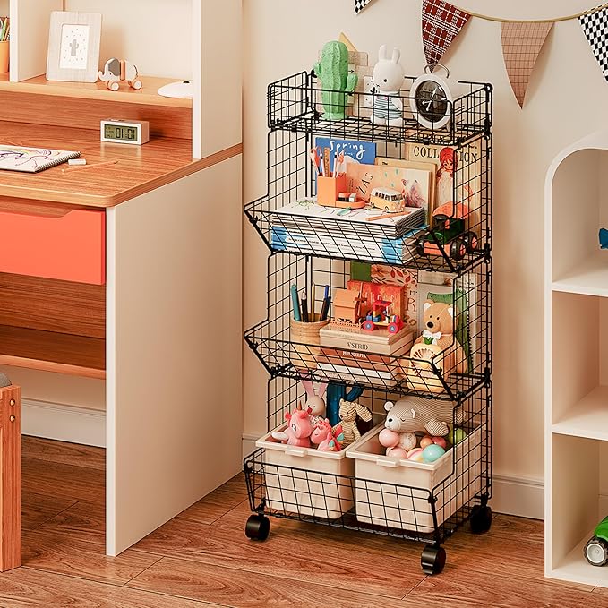 Bath Toy Storage Organizer, 4 Tier Rolling Outdoor Toy Storage, Wire Toy Organizer Kids Bookshelf for Playroom Bedroom (Black, Extra Large)