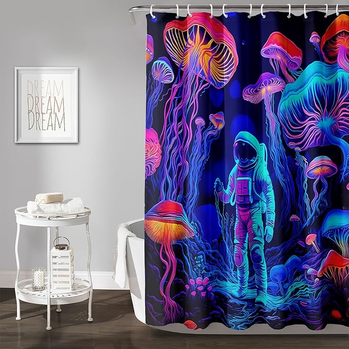 AILONEN Magic Mushroom Shower Curtain,Cartoon Astronaut Shower Curtain Set for Bathroom,Boho Style Jellyfish Waterproof Fabric Bath Curtain for Kids Girls Boys, 36" W*72" H