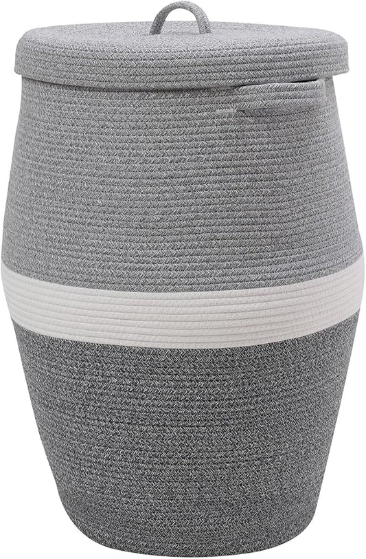 26" x 20" Tall Extra Large Storage Basket with Lid, Cotton Rope Storage Baskets, Woven Laundry Hamper with Cover, Cloth Storage Bin, for Clothes Towels in Living Room, Dual Grey