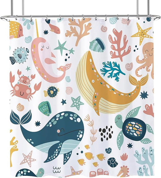 Kids Ocean Whale Shower Curtain 72x72 Sea Animal Cartoon Turtle Funny Underwater Shower Curtain for Bathroom Cute Fish Marine Sealife Starfish Bathtub Curtain Baby Boys Girls Bathroom Decor