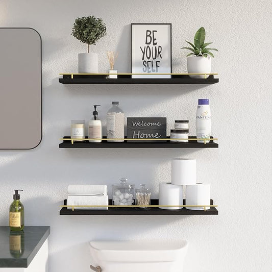 WOPITUES Floating Shelves 24 inch with Gold Metal Guardrail, Shelves for Wall Decor Set of 3, Wall Shelves for Bedroom, Bathroom, Kitchen, Living Room, Plants, Picture Frames, Art- Black and Gold
