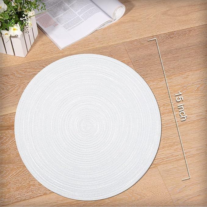 Noctiflorous 15 Inch Round Placemats Set of 6 Durable Braided Woven Heat Resistant Table Mats for Indoor Outdoor Non Slip Dining Table Place Mats(White Silver, 6)
