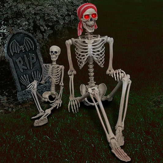 yosager 2 Pcs Halloween Skeleton Decorations, 5.4ft & 3ft Pose-N-Stay Life Size Skeleton with Glowing Eye, Human Bones Full Body Realistic with Posable Joints, Pose Skeleton Prop, Haunted House Decor