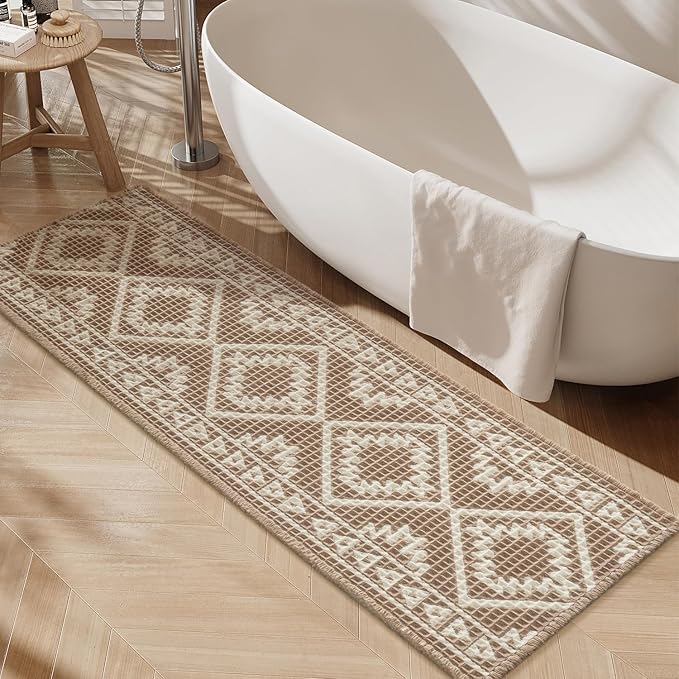 PADOOR-Waffle Bathroom Runner 24"x72", Super Absorbent Bath Mats for Bathroom, Machine Washable Non Slip Bath Rug with Tassels, Soft Bath Mat for Laundry Room, Bedroom, Brown & Cream, 2'x 6'