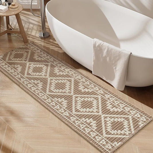 PADOOR-Waffle Bathroom Runner 24"x72", Super Absorbent Bath Mats for Bathroom, Machine Washable Non Slip Bath Rug with Tassels, Soft Bath Mat for Laundry Room, Bedroom, Brown & Cream, 2'x 6'