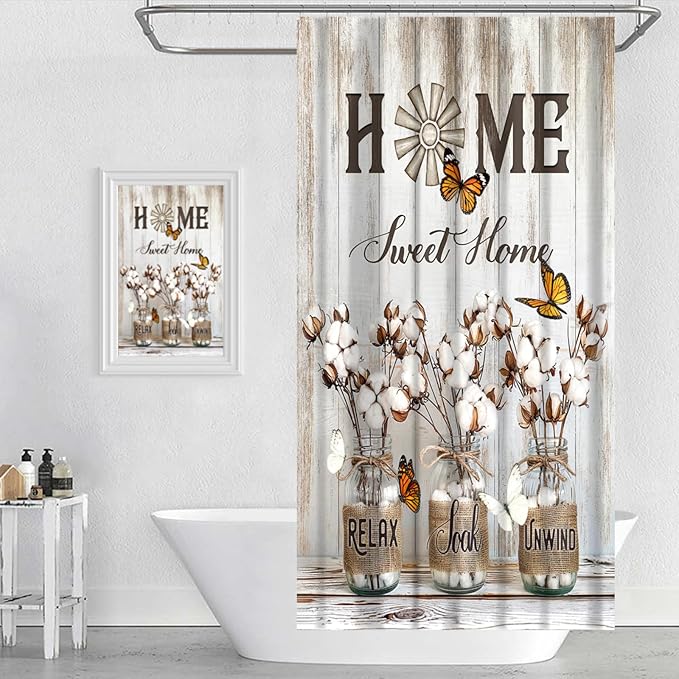 Rustic Farmhouse Shower Curtain Cotton Flowers Shower Curtains for Bathroom Decor Waterproof Polyester Fabric Relax Soak Unwind Floral Bathroom Curtain with Hooks 55x72 Inch