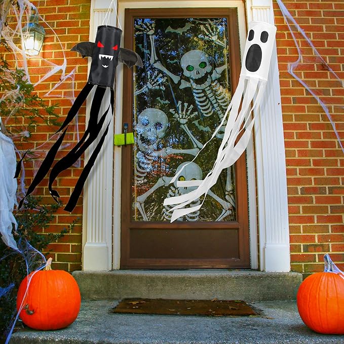 Whaline 4 Pieces Halloween Windsock Flag 39 Inch Spooky Cartoon Flag Wind Socks Pumpkin Bat Ghost Monster Outdoor Hanging Decoration for Home Yard Patio Lawn Garden Tree Party Decoration
