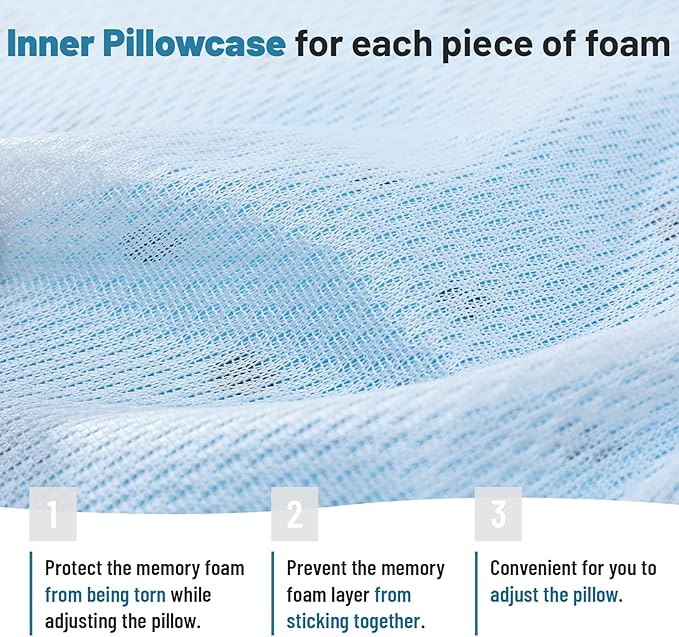 Cervical Neck Thin Pillow Flat Firm Memory Foam Adjustable Pillows from 1.3 to 5.2inch for Stomach Side Back Sleeper with 2 Pillowcases (Blue-White+Basics)