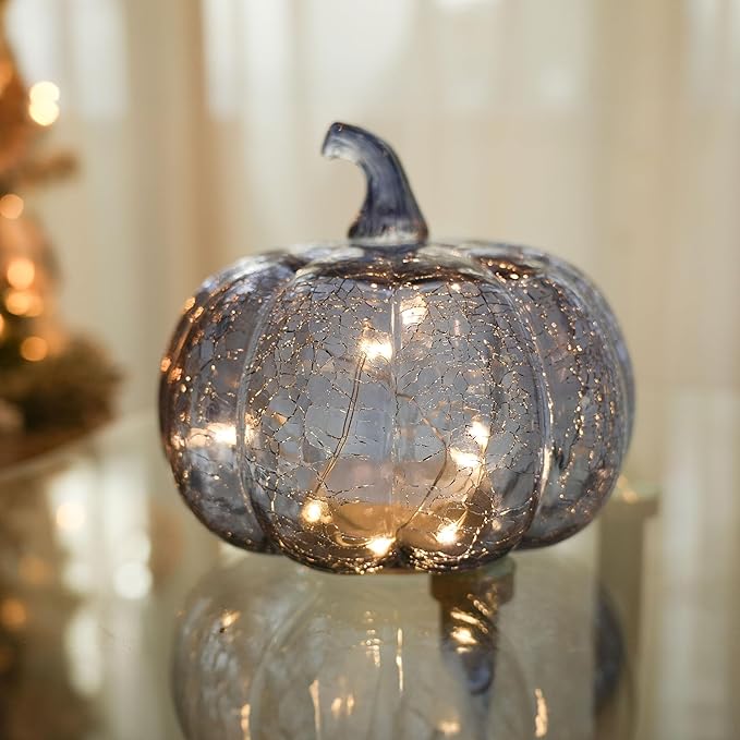 Indigo Blue Crackle Glass Pumpkin Twinkling Light with Timer- Fall Decoration for Home-Lamps for Festive Decoration-Halloween Decorations