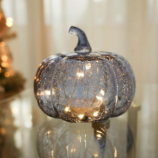 Indigo Blue Crackle Glass Pumpkin Twinkling Light with Timer- Fall Decoration for Home-Lamps for Festive Decoration-Halloween Decorations