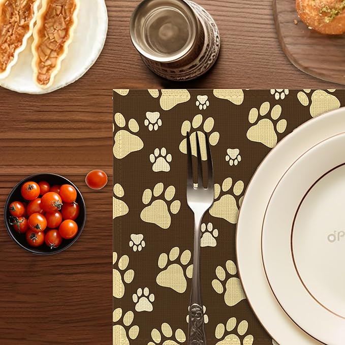 Placemats Set of 6, Cute Dog Paws Place Mats Washable Heat Resistant 12×18 Inch Linen Table Mats for Party Outdoor Dining Décor