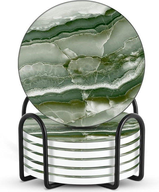 Emerson Coasters for Drinks Absorbent – Natural Stone Drink Coasters Set with Holder, Coasters for Coffee Table, Wooden Tabletop Protection Marble Style – 100% Heavy Duty Set of 6 (Green Onyx)
