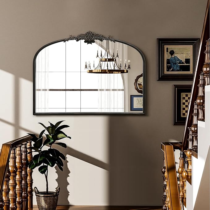 Vintage Baroque Black Mirror: 32"x24" Arched Antique Wall Mounted Mirror - Traditional Ornate Metal Frame - Home Decor for Entryway/Fireplace/Living Room/Hallway/Bathroom