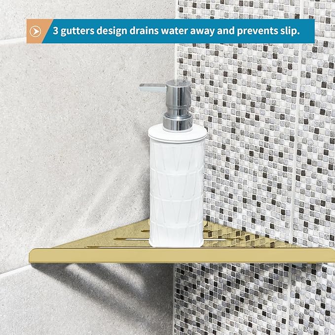 2 Pcs 304 Stainless Steel Corner Shelf with Screws, Triangle Shower Caddy, Wall Mount Soap Holder for Bathroom, Kitchen Organization (Polished Gold)