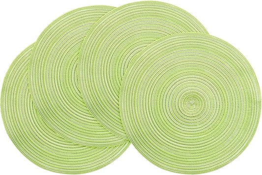 Floroom 15 Inch Round Braided Placemats Set of 4, Washable Heat Resistant Cotton Polyester Circle Place Mats for Kitchen Dining Table - Spring Green