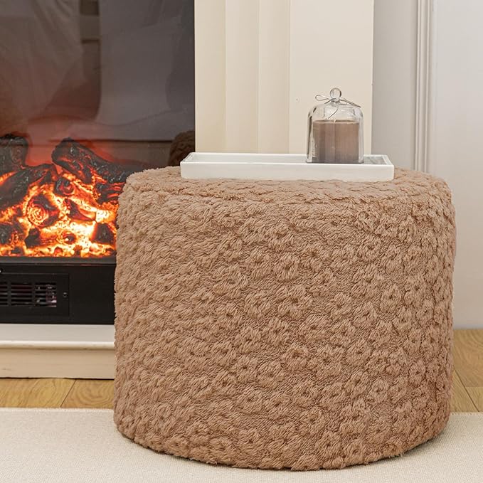 Round Plush Stuffed Ottoman Pouf - Ultra-Soft Furry Ottoman Foot Rest with High-Density Foam Filling, 20" x 14" Multi-Functional Floor Pouf for Living Room