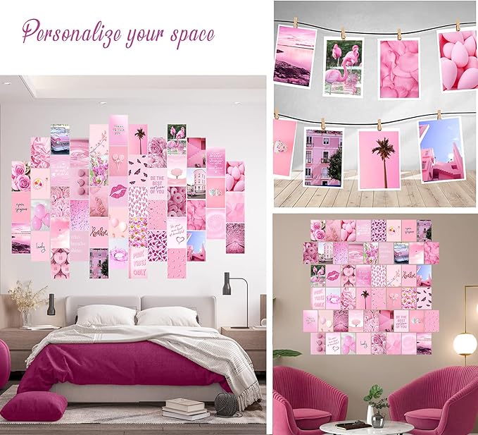WOONKIT Pink Aesthetic Pictures, Collage Kit for Wall, Pink Room Wall Bedroom Dorm Decor, Room Decor for Teen Girls, Trendy 50pcs 4x6 inch