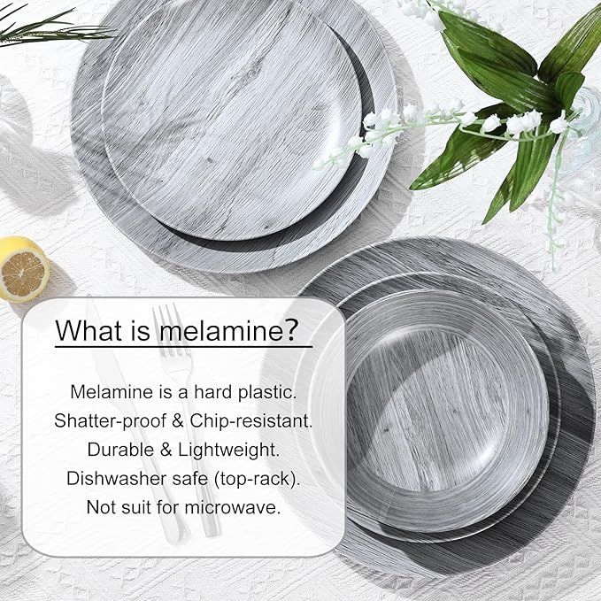 Melamine Dinnerware Set - 12pcs dinnerware set Indoor and Outdoor use, Bamboo Pattern Dishes Dinnerware Set for 4,Dishwasher Safe (Grey wood)