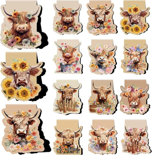 Highland Cow Magnetic Bookmark Gifts - Wxiben 12 Pcs Cow Print Book Marks Magnets Animal Magnetic Bookmarks Sunflower Cattle Bookmark Page Clip Gift for Book Lovers Teens Students Teacher Reading