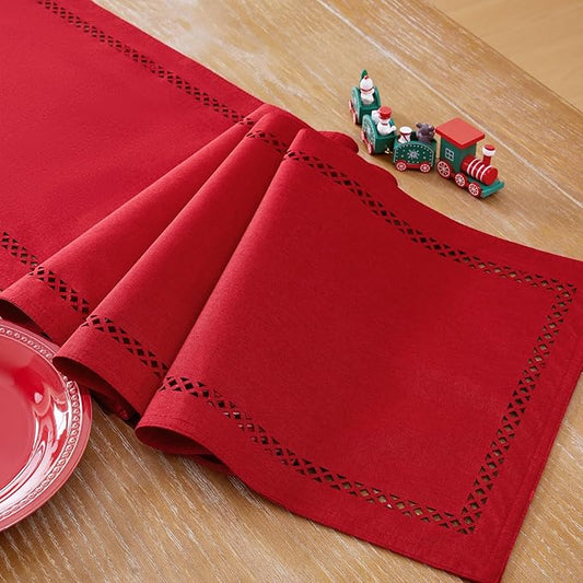Burlap Style Farmhouse Table Runner, 13 x 72 Inch Red, Rustic Geometric Hollow Table Runners 72 Inches Long for Dresser Table Everyday Use, 13x72 Inches, Red