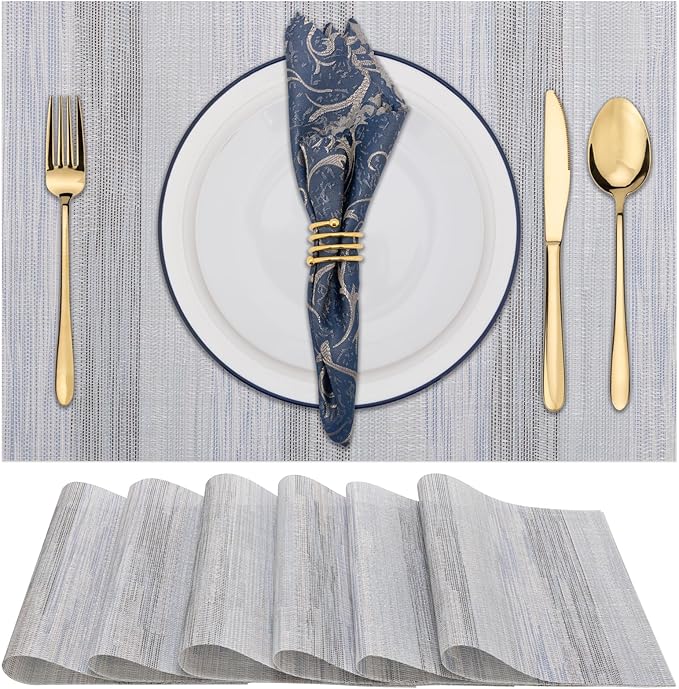Winknowl Placemats Set of 6, Heat Resistant Stain Resistant Woven Vinyl Insulation Place mats, Durable Washable Elegant Table Mats for Kitchen Dining Table Decor (Lightsteel Blue)